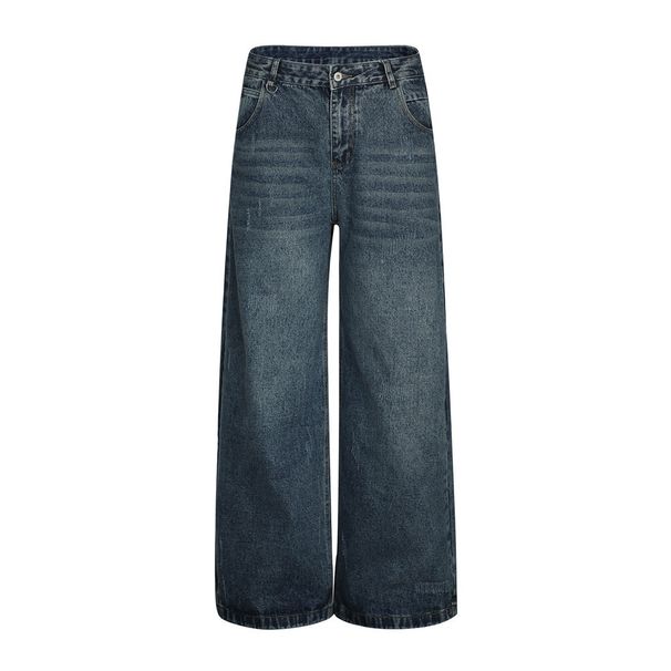 American Style Washed Denim Wide-Leg Men's Versatile Loose Dad Handmade Distressed Vintage Pants Trendy_mkmklike.com