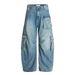 Unisex Loose Casual Wide Leg Cargo Pants American High Street Style Washed Multi Pocket Curved Jeans Trendy_mkmklike.com