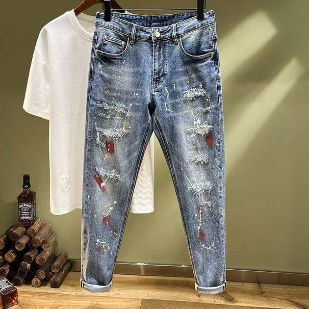 Distressed Patchwork Slim-Fit Jeans – Premium Streetwear Denim With Artistic Splatter & Paint Details (Sizes 28-36)_mkmklike.com