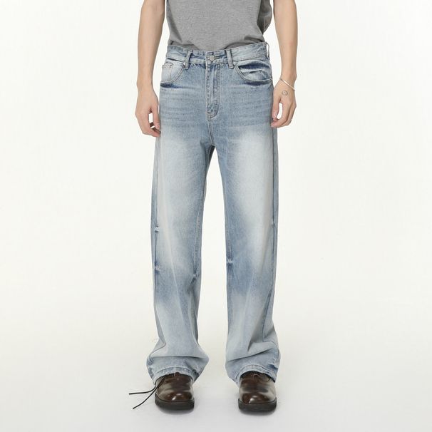 Men's Clothing Korean Vintage Washed Straight-Leg Jeans – Distressed Ombre Fade, Relaxed Fit, Mid-Rise, No-Stretch Cotton Blend (Classic Blue)_mkmklike.com