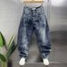 Men's Clothing American Style Washed Retro Hip Hop Denim Curved Trousers Trendy Patchwork Wide Leg Trousers For Autumn And Winter Cool And Stylish_mkmklike.com