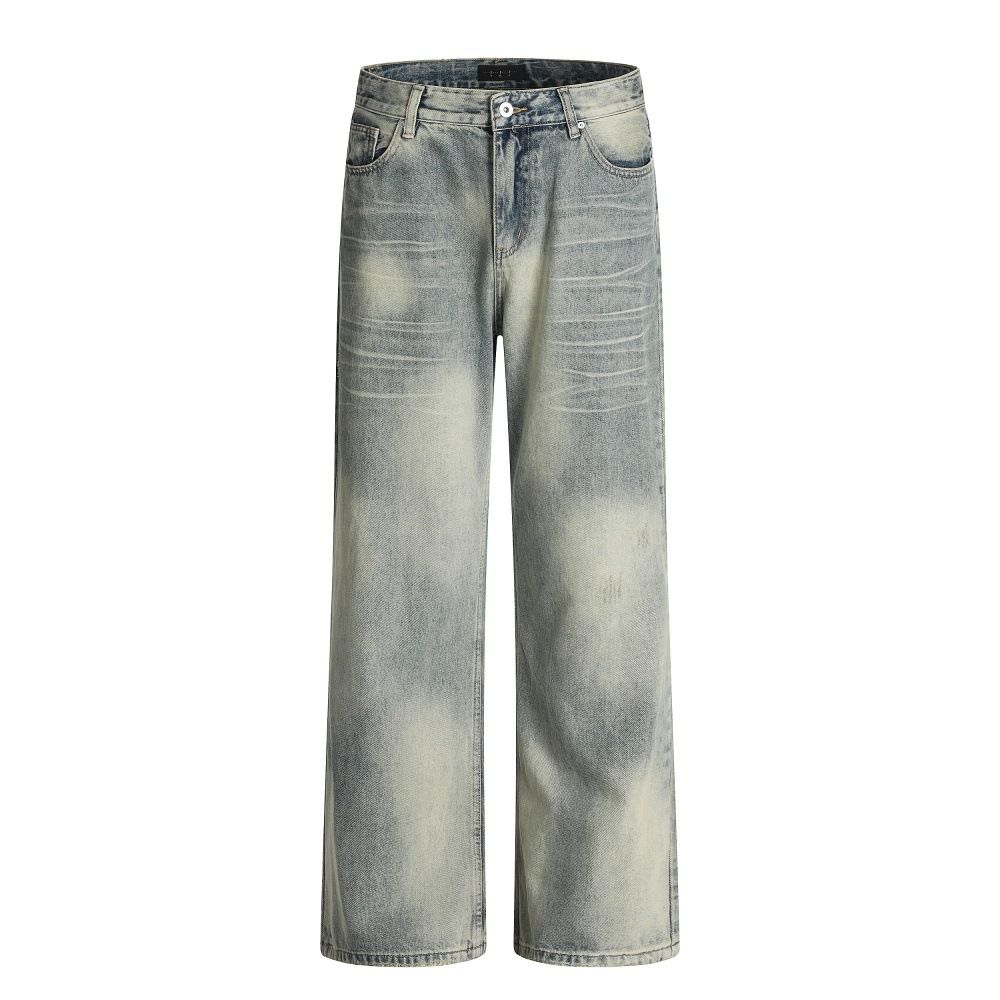 Tie-Dye Washed Gradient Denim Men's Casual Punk Street Distressed Loose Wide-Leg Straight Pants_mkmklike.com