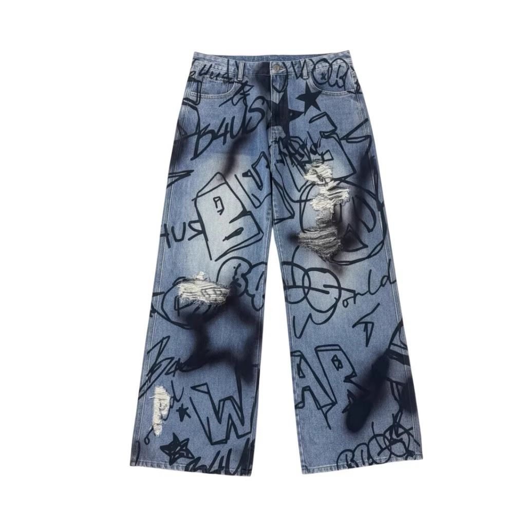 Unisex Retro Graffiti Distressed Wide Leg Jeans High Street Style Straight Leg Pants European Trend_mkmklike.com