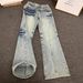 Men's Light Blue Lightning Wash Jeans - Vintage American High Street Straight Leg Bootcut Pants With Unique Blade Hem For A Stylish Look_mkmklike.com