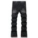 European Station American Style Trendy Brand New Black Gray Washed Scratched Patch Paint Graffiti Stretch Slim Fit Jeans_mkmklike.com