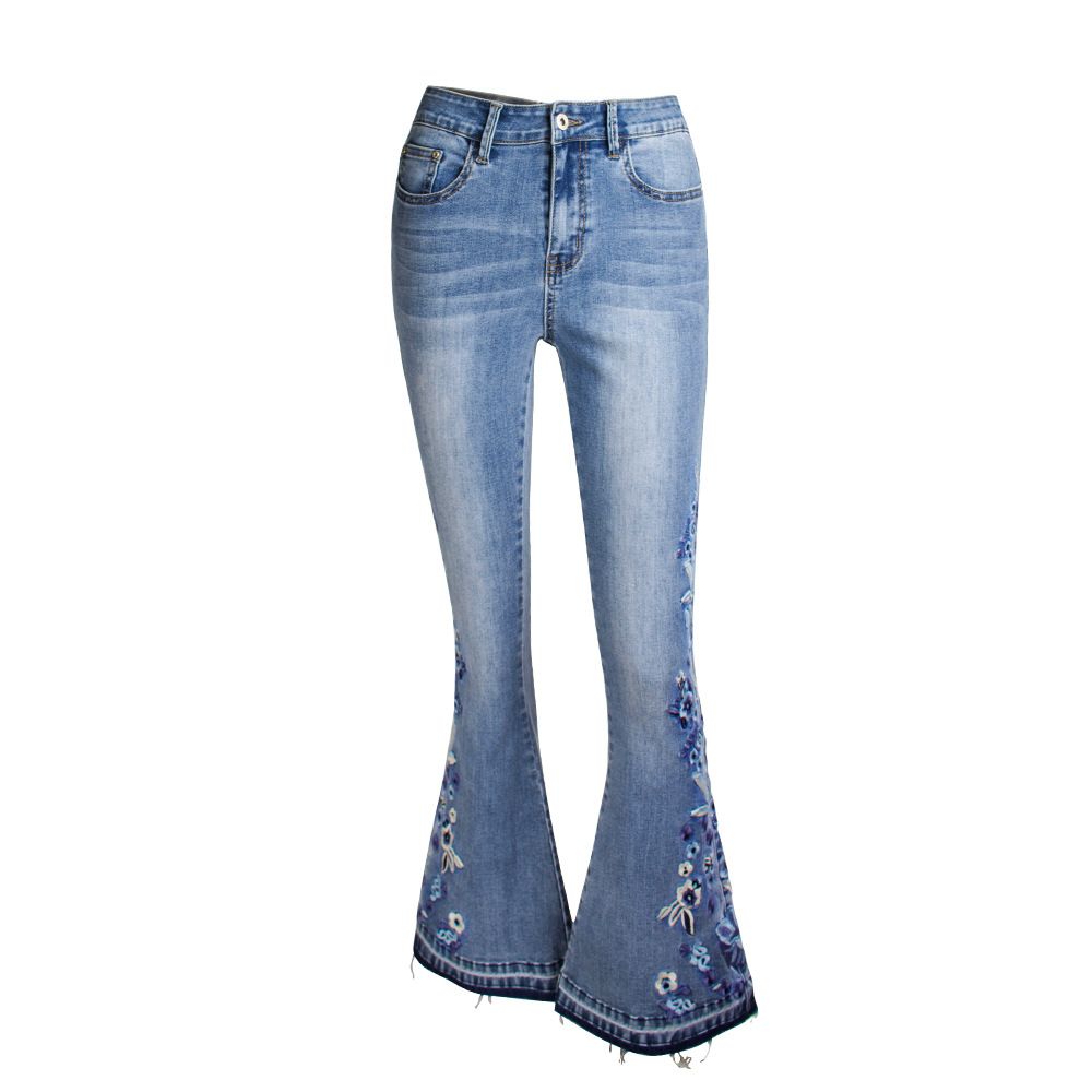 Women’s Clothing women's denim bell bottom 3D heavy embroidered denim women's autumn denim wide leg trousers_mkmklike.com