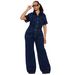 Loose Elastic Flared Washed Short Sleeved Denim Jumpsuit Jumpsuit Wide Leg Pants_mkmklike.com
