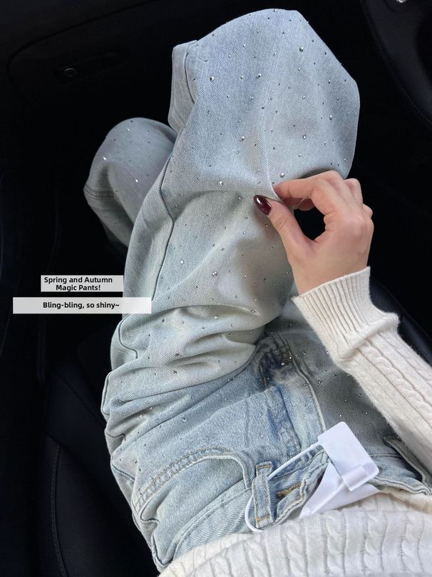 Women's Rhinestone Flared Jeans – High Waist Wide Leg Trousers With Straight Cut & Floor-Length Hem (S-2xl, Light Blue Cotton Denim)_mkmklike.com