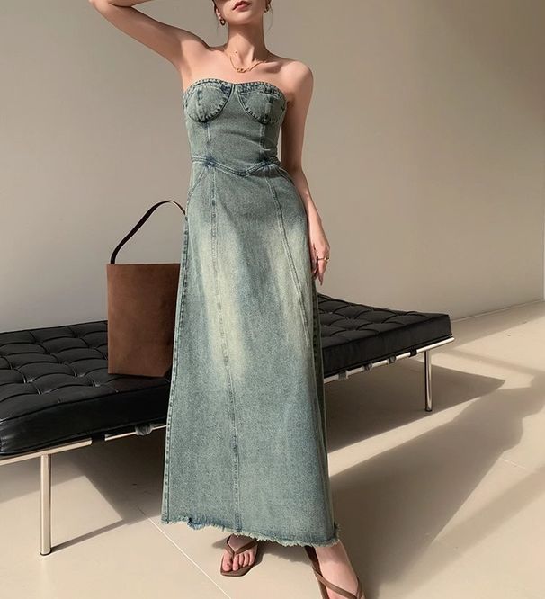 JWUNIQUE Blue Strapless Dress For Women's Summer New Slim Fit Denim A-Line Long Skirt_mkmklike.com