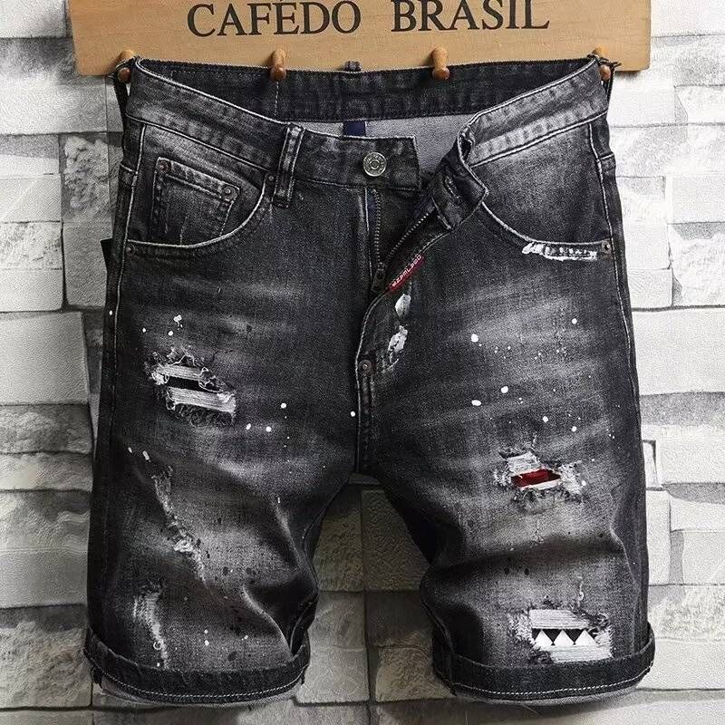 Denim 2024, Men's New Summer Shorts, Slim Fit, Small Feet, Personality Holes, Euro-n High Street Shorts_mkmklike.com
