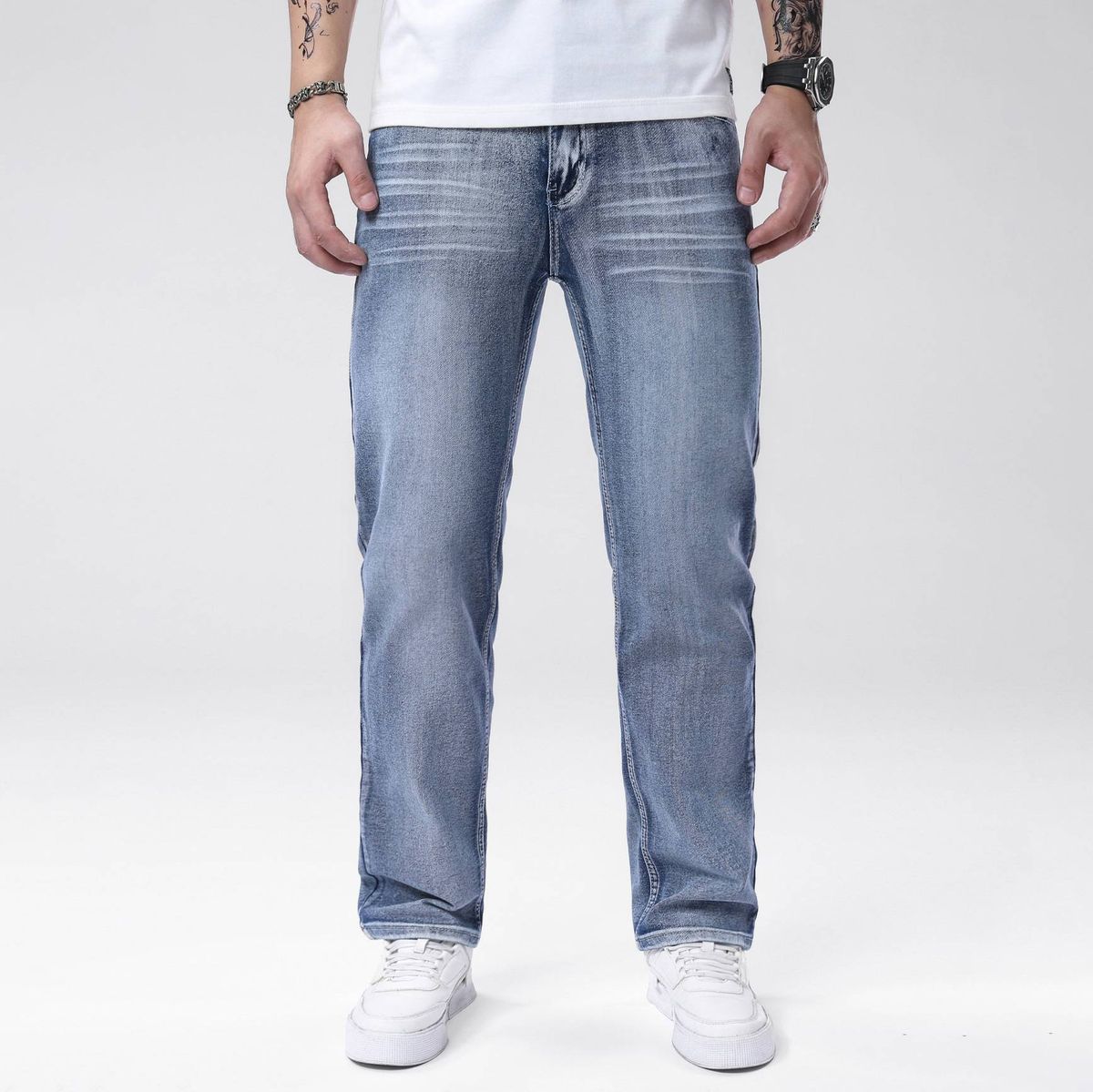 Men's Clothing Stretch Denim Straight Leg Jeans Light Blue Slim Fit Flattering Trousers_mkmklike.com