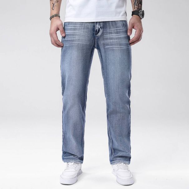 Men's Clothing Stretch Denim Straight Leg Jeans Light Blue Slim Fit Flattering Trousers_mkmklike.com