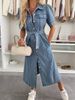 Women's Clothing Summer Lapel Tie Single Breasted Ladies Short Sleeved Denim Mid Length Skirt_mkmklike.com