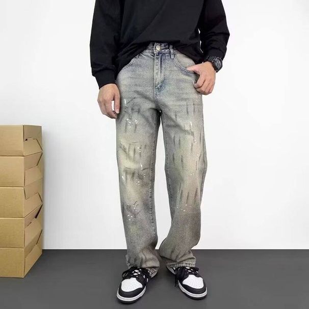 Men's Retro Street Spring Ripped Jeans Ink Splatter Sequins Style Loose Versatile Straight Leg Trousers_mkmklike.com