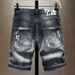 Men's Distressed Denim Shorts – Paint Splatter & Patchwork Design, Stretch Fit 5-Inch Inseam Summer Washed Shorts_mkmklike.com
