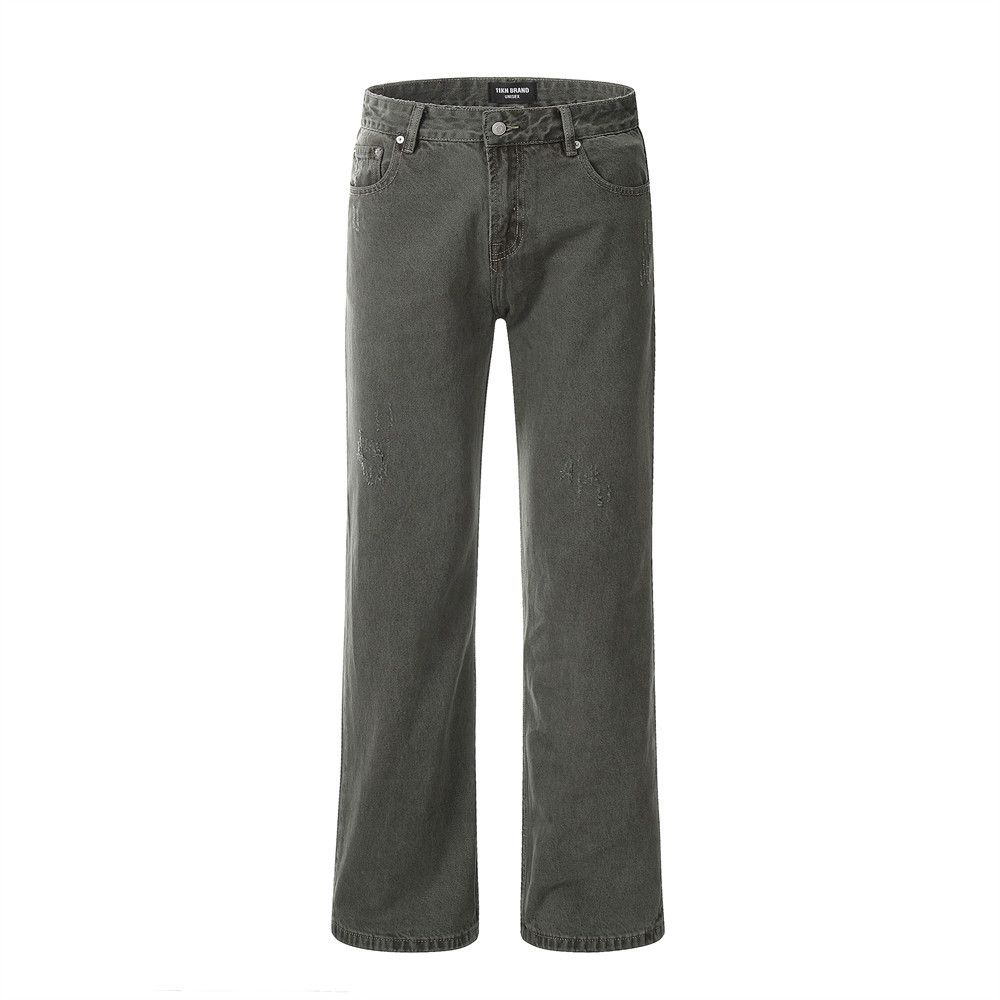 Washed Vintage Distressed Denim Straight-Leg Men's Trendy Fashion Back Pocket Embroidery Casual Floor-Length Wide-Leg_mkmklike.com