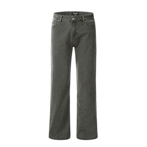 Washed Vintage Distressed Denim Straight-Leg Men's Trendy Fashion Back Pocket Embroidery Casual Floor-Length Wide-Leg_mkmklike.com