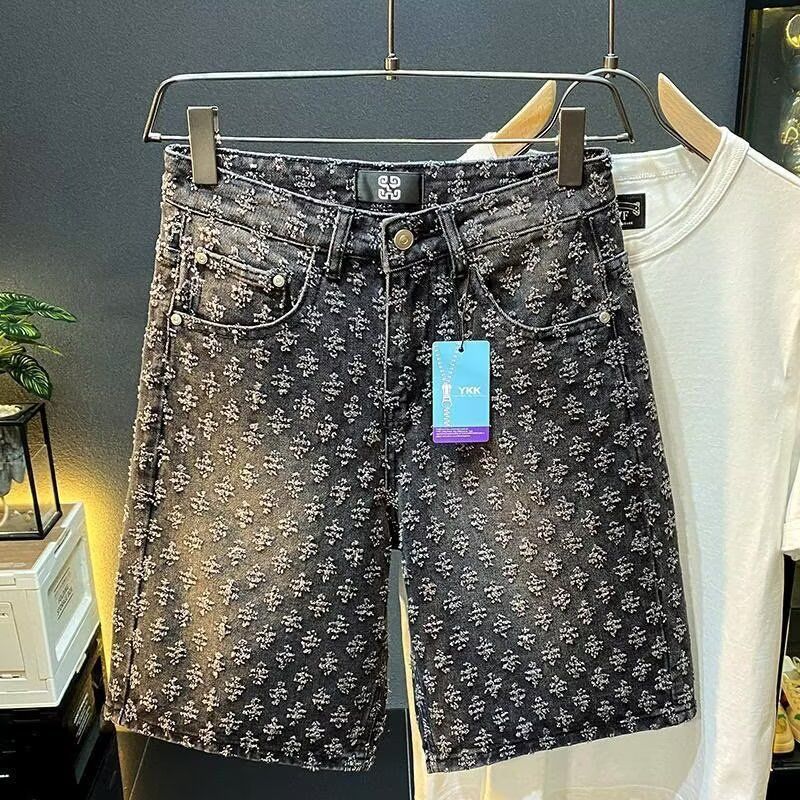 Men's Denim Shorts American Style Summer Loose Straight Leg Casual Jacquard Five Point Mid-Length Pants_mkmklike.com