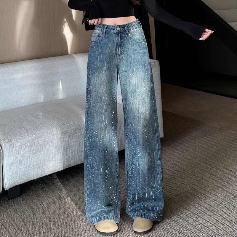 Women's Clothing Versatile Rhinestone Straight Leg Wide Leg Jeans Petite Regular Thickness Polyester Solid Pattern England Style Fashion_mkmklike.com