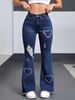 Sexy High-Waisted Flared Jeans For Women – Stretch Denim With Heart Embroidery & Distressed Details (Light Blue/Dark Blue)_mkmklike.com