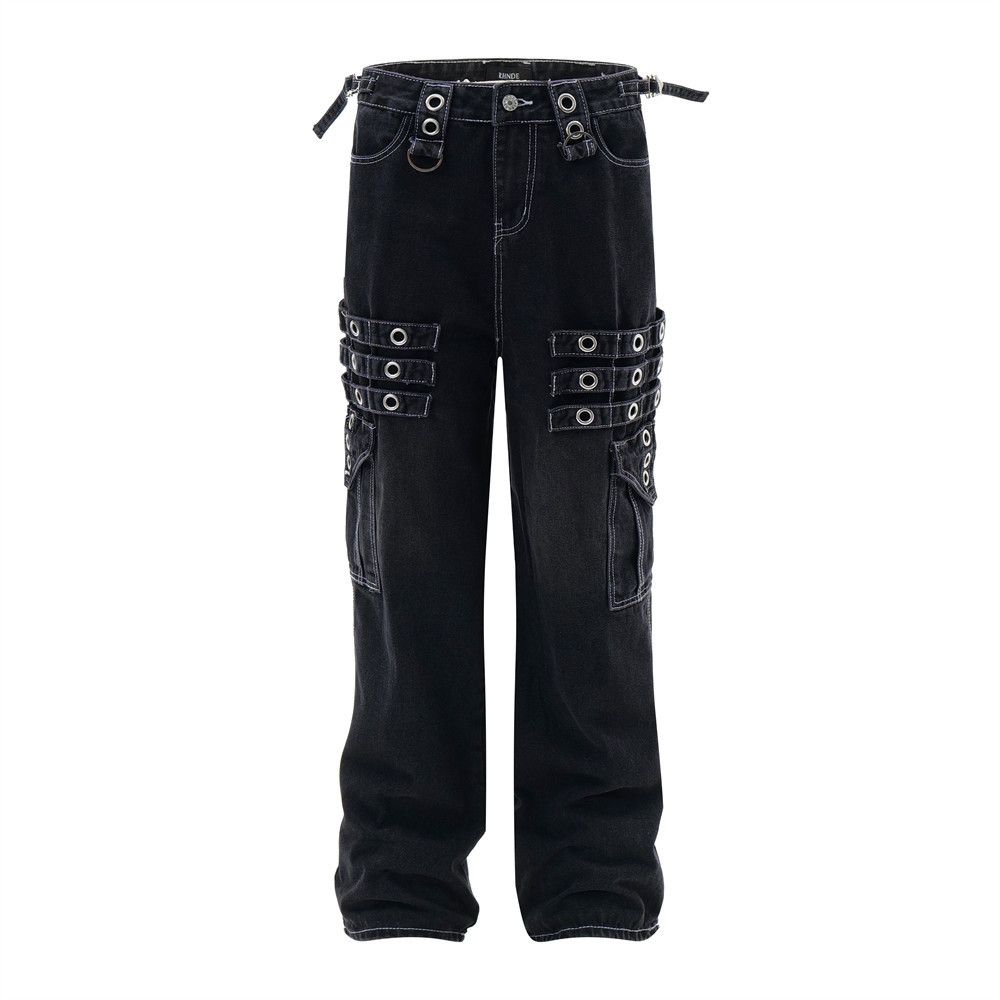 Punk Rock Cargo Jeans For Men Hiphop Trendy Niche Design With Straps And Pockets Straight-Leg Long Pants_mkmklike.com