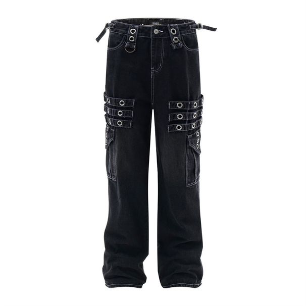 Punk Rock Cargo Jeans For Men Hiphop Trendy Niche Design With Straps And Pockets Straight-Leg Long Pants_mkmklike.com