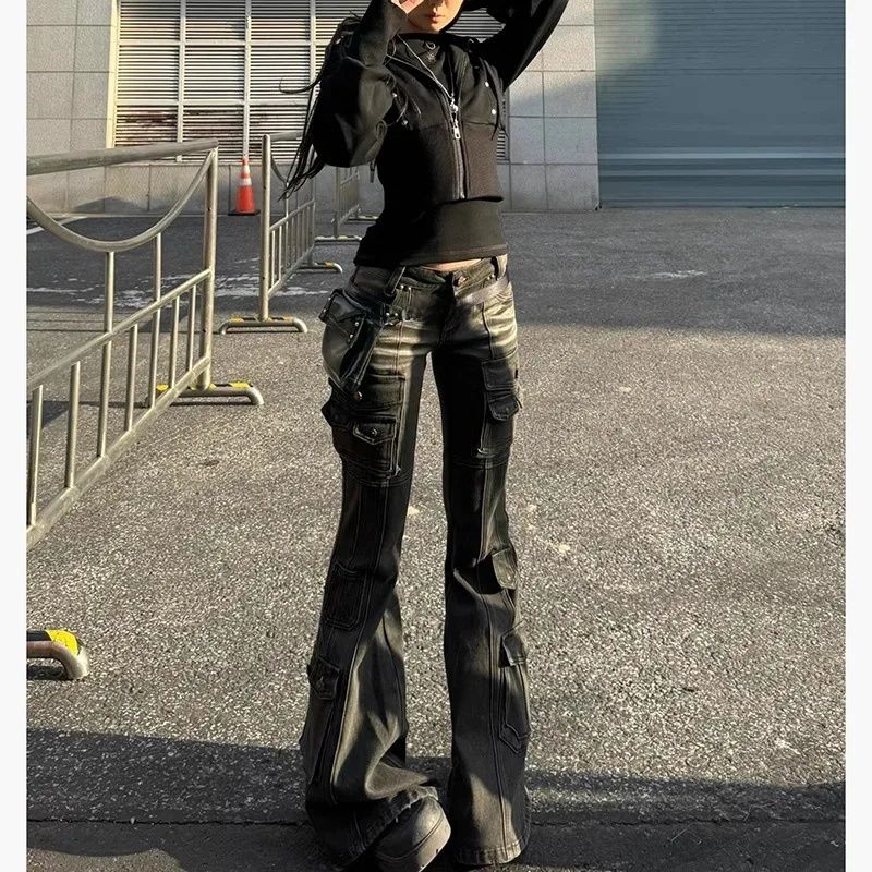 Low Waist Workwear Pants Women's Slimming Floor-Length Bell Bottoms Trendy Y2K Millennium Cargo Trousers Retro American Style_mkmklike.com