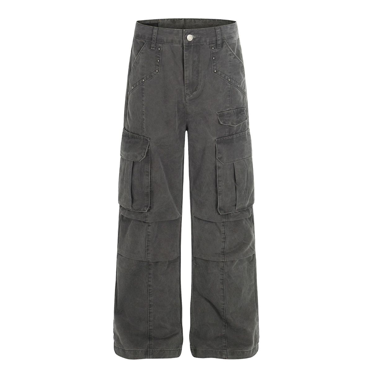 Unisex Vintage Washed Grey Cargo Pants Utility Workwear Multi-Pockets Flared Hem Relaxed Fit Zip Fly 100% Cotton Streetwear S-XL_mkmklike.com