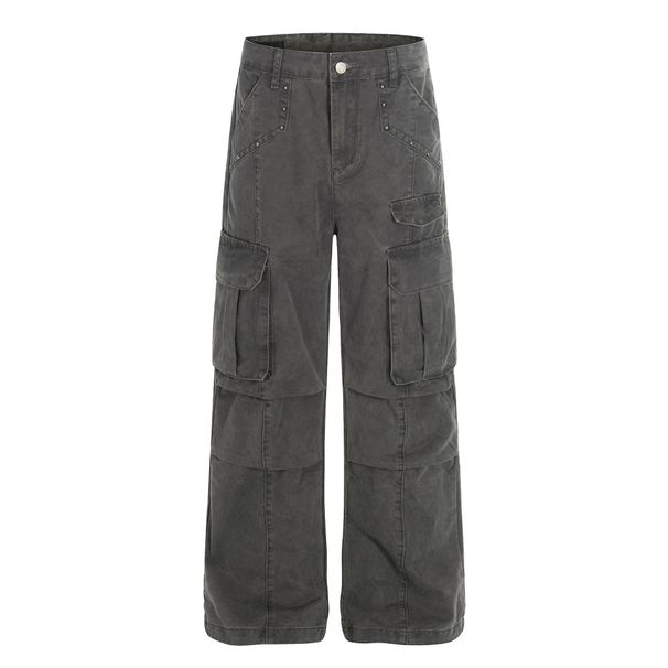 Unisex Vintage Washed Grey Cargo Pants Utility Workwear Multi-Pockets Flared Hem Relaxed Fit Zip Fly 100% Cotton Streetwear S-XL_mkmklike.com