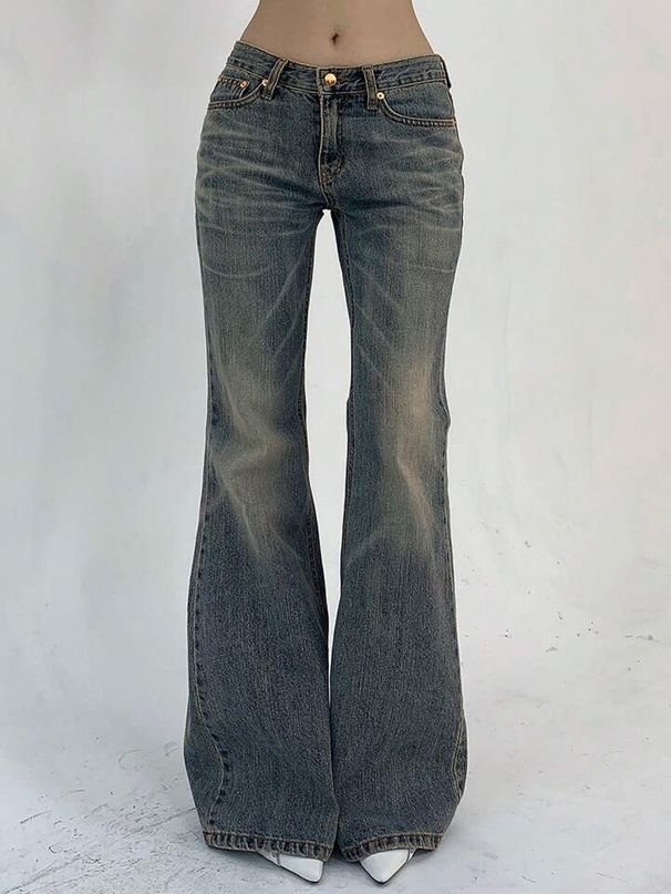 Women's Clothing Denim Jeans Low Waist Vintage Washed Women's Low-Rise Bootcut Jeans - Retro Distressed Denim Pants With Straight Fit & Flared Hem_mkmklike.com