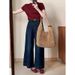Women's Dark Blue High Waisted Flared Cropped Jeans Hong Kong Style Loose Fit Slimming Wide Leg Pants Autumn Petite_mkmklike.com