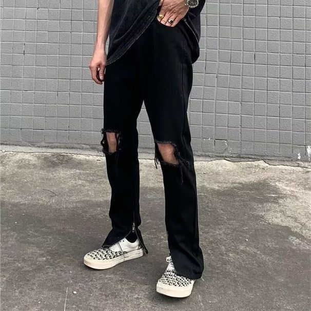 Streetwear Black Ripped Jeans With Side Zipper - Slim Straight Fit Punk Denim Pants For Men (S-3XL)_mkmklike.com