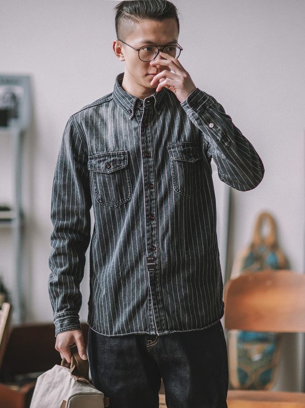 Men's Clothing Retro Vertical Striped Denim Shirt Workwear Washed Distressed Long Sleeved Shirt_mkmklike.com