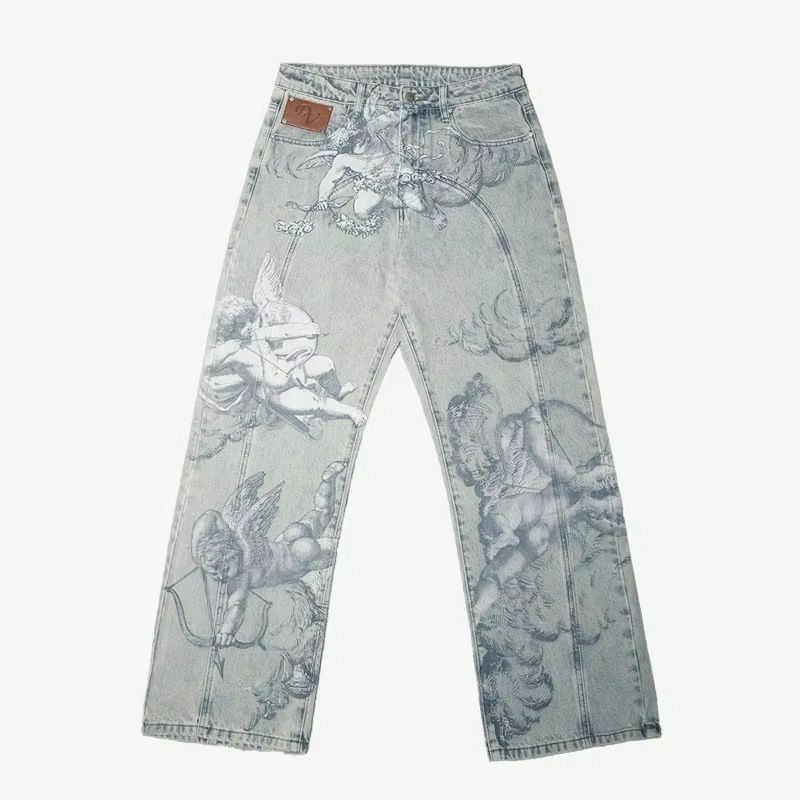 Unisex High Street Y2K Retro Angel Print Jeans Straight Leg Floor Length Pants For Men_mkmklike.com