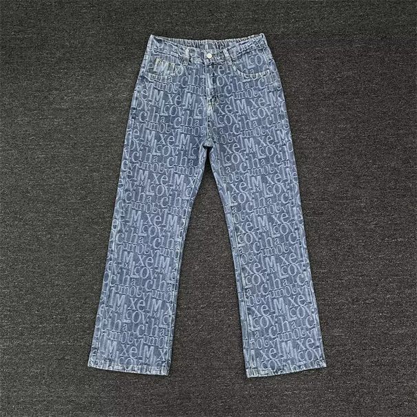 American Retro Full Print Jeans Men's Letter Jacquard Handsome Fashion Trend High Street All Match Straight Casual Pants_mkmklike.com