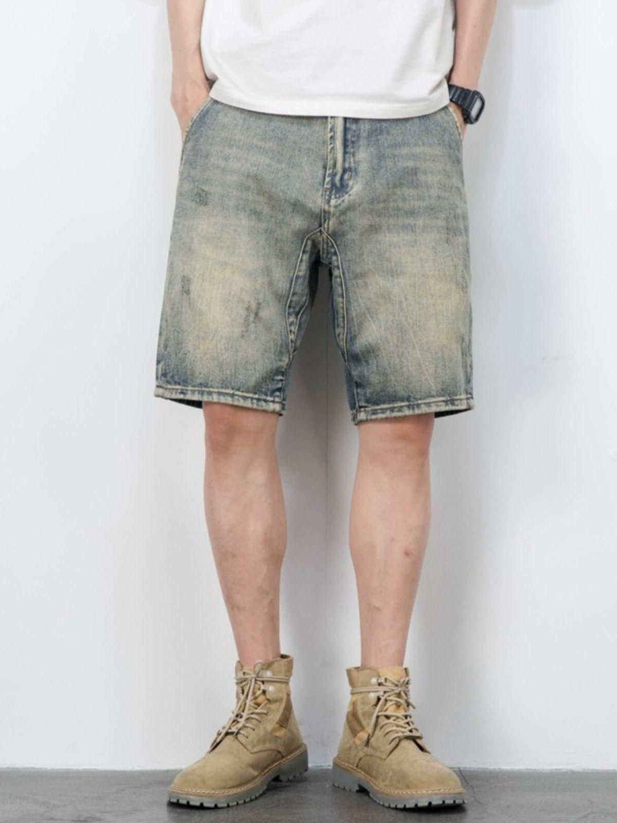 Men's Distressed Denim Shorts - Vintage Washed American Style Casual 5-Inch Mid-Thigh Shorts With Ripped Details & Relaxed Fit_mkmklike.com