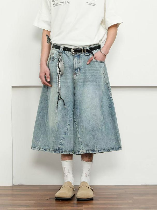 "Vintage Washed Blue Denim Shorts For Men & Women, High Waist Loose Fit Distressed Cropped Jeans Shorts, Unisex Casual Streetwear"_mkmklike.com