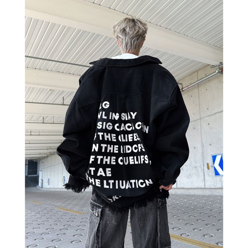 Washed Denim Jacket For Men, Tie Dye Tassel Trendy Brand Loose Fit Jacket_mkmklike.com