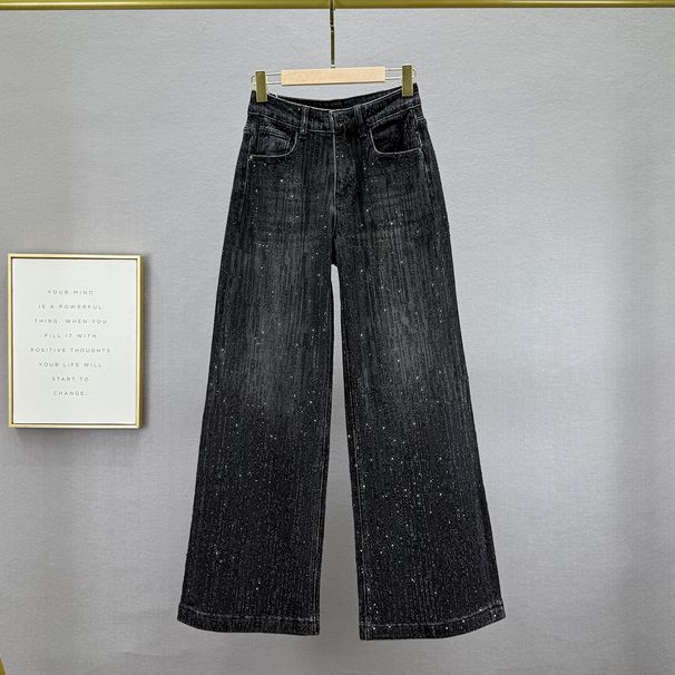 Women's Heavy Duty Wide Leg Jeans Rhinestone Embellished High Waisted Loose Slimming Extra Long Pants Autumn New_mkmklike.com