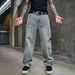 Men's Clothing Print High Street Fashion Brand Ins Design Jeans Loose Straight Washed Wide Leg Long Pants_mkmklike.com