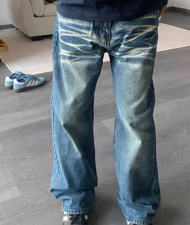Men’s Distressed Slim Straight Jeans – Heavy Washed Blue Denim, Cleanfit Styling For Urban Casual Wear_mkmklike.com