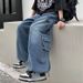 Trendy Men's Straight Leg Jeans Mid Rise Slightly Stretchy Washed Zippers Loose Fitting Stylish Youthful Trousers_mkmklike.com