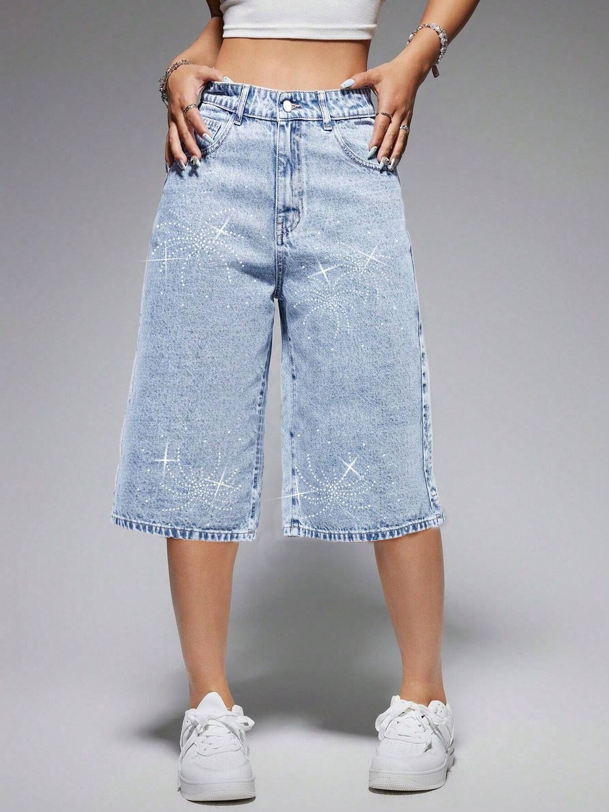 Women's High Waisted Denim Shorts Light Blue Washed Rhinestone Firework Detail Sexy Style Factory Direct Wholesale Bottoms_mkmklike.com