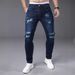 Men's Dark Wash Slim Fit Ripped Jeans - High Street Stretch Cropped Denim With Distressed Details (S-2XL)_mkmklike.com