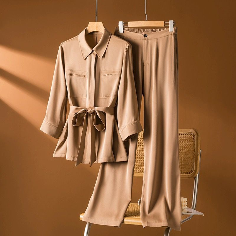 Women's Clothing silk suit women's new style casual fashion mulberry silk top pants two piece suit khaki_mkmklike.com