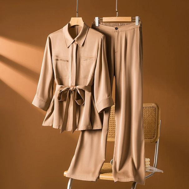 Women's Clothing silk suit women's new style casual fashion mulberry silk top pants two piece suit khaki_mkmklike.com