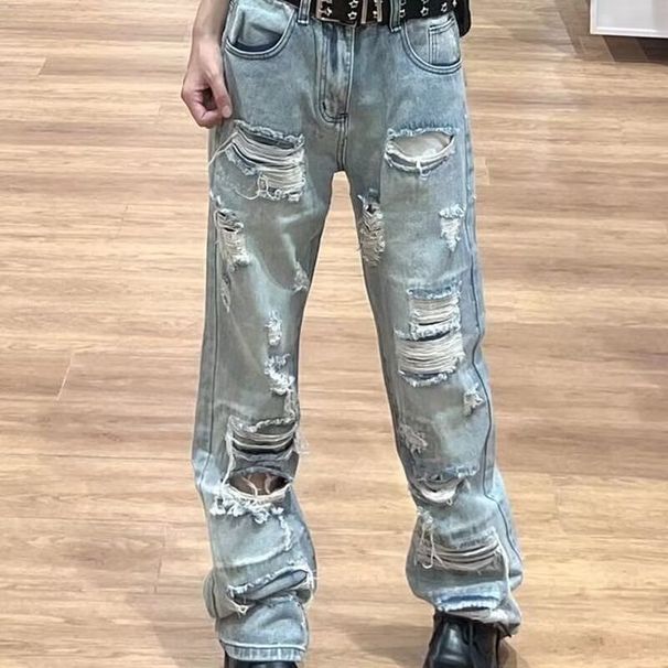 Men's Clothing Men's & Women's Distressed High-Waisted Straight Leg Jeans – Ripped Denim Pants With Streetwear Style, Comfort Fit (Blue, S-3XL)_mkmklike.com