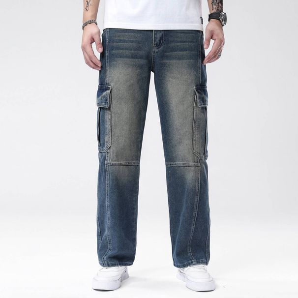 Men's Dark Blue Straight Leg Cargo Jeans Non-Stretch Casual Versatile Multiple Design Techniques_mkmklike.com