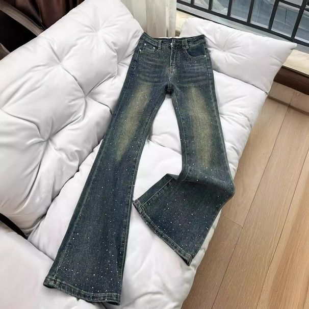 Women's Clothing Hot Diamond Flared Jeans For Women Spring Retro Washed Distressed Pants High Waist Slim Fit Flared Floor Length Trousers_mkmklike.com