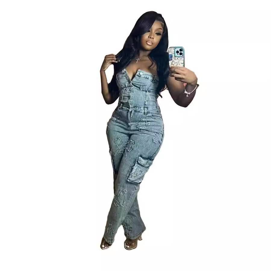 Women's Clothing New Tube Top Embroidered Jumpsuit Trousers Top Stretch Pants_mkmklike.com